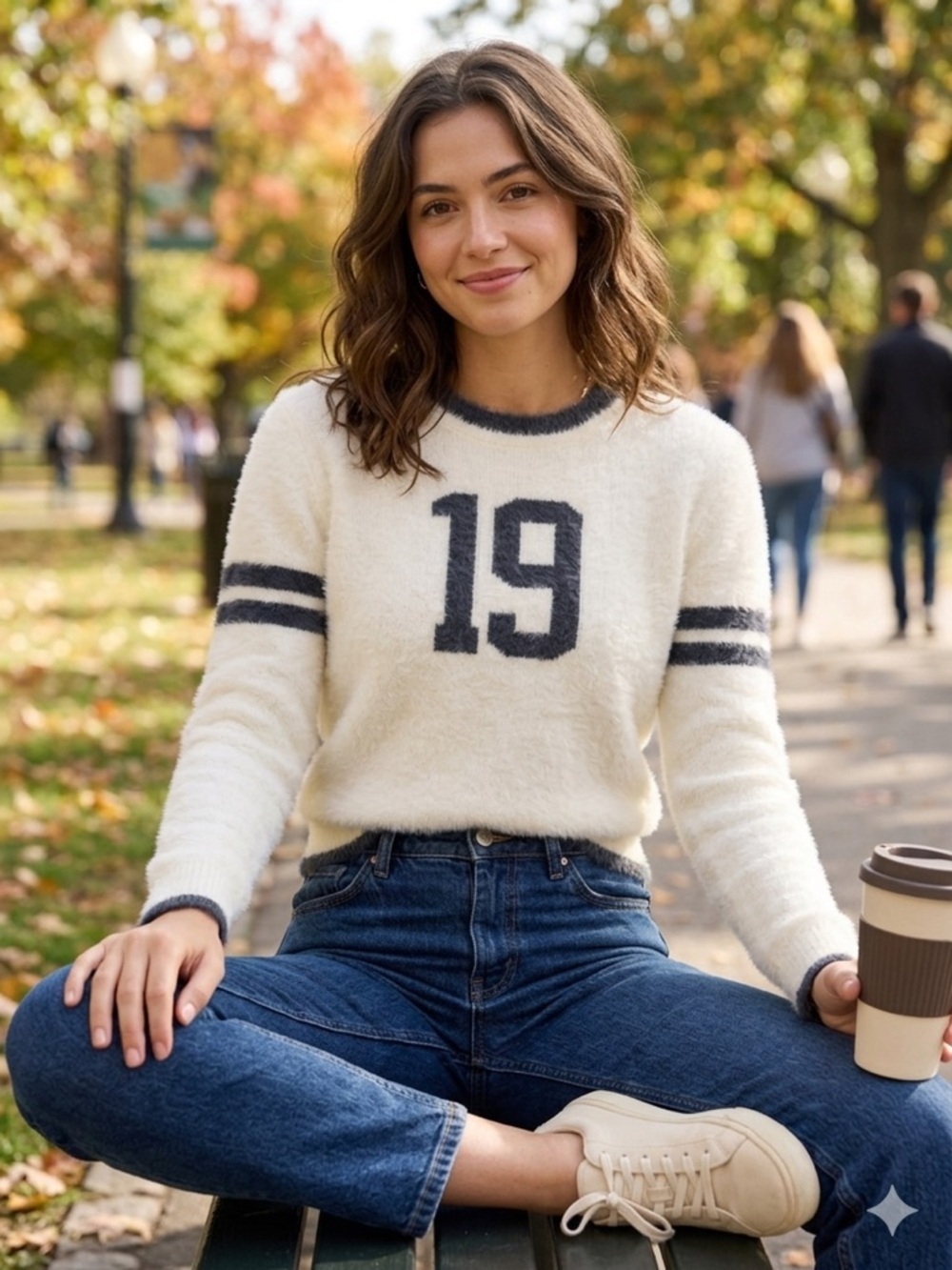 Women's Cream Number 19 Fuzzy Crewneck Sweater
